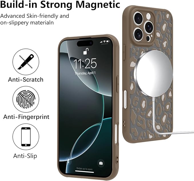 KANGHAR Case for iPhone 16 Pro Max Brown Leopard Printed Pattern Compatible with Magsafe Cute Cheetah Protective Magnetic Case for Girls Women 6.9"