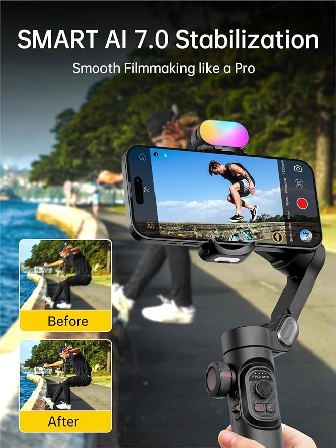 AOCHUAN Phone Gimbal Stabilizer, 3-Axis Smartphone Foldable Handheld Gimbal for iPhone with Focus Wheel, TikTok/YouTube Vlog Stabilizer for iPhone 17/16/15/14/13 Pro Max & Android – Smart XE