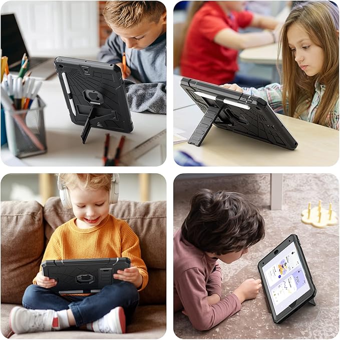 Sibeitu Case for iPad 9th Generation 10.2 Inch 2021 with Pencil Holder, Rugged Shockproof iPad 8th 7th Case 2020 2019 with Kickstand, Heavy Duty Protective Cover for Kids Boys Girls l Black