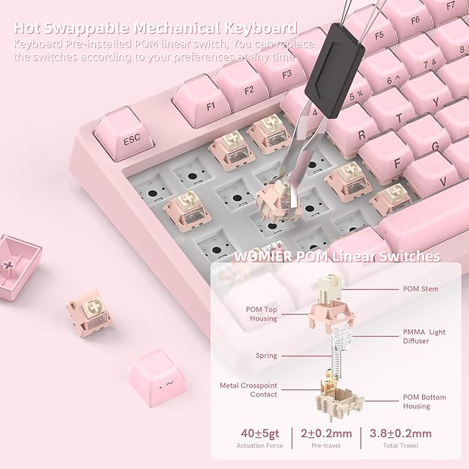 Womier 75% Pink Keyboard Wireless with Color Multimedia Screen, Creamy Mechanical Gaming Keyboard, 3-Modes Hot Swappable Cute Key Board w/Wrist Rest, Gasket RGB Custom for Mac/Win (SK80 PRO)