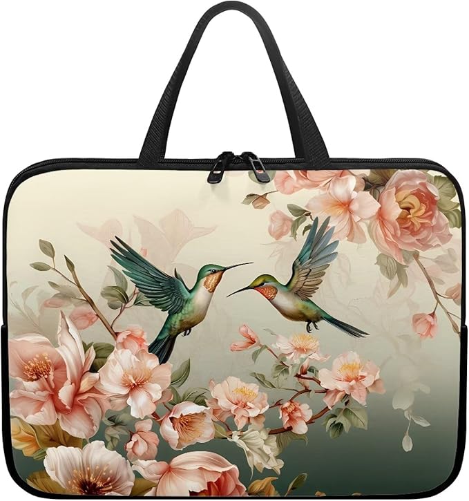 Hummingbird Laptop Sleeve for Women, Protective Computer Cover Case with Handle Briefcase Carrying Bag Compatible 17 Inch Notebook, Chromebook Computer, Vintage Floral