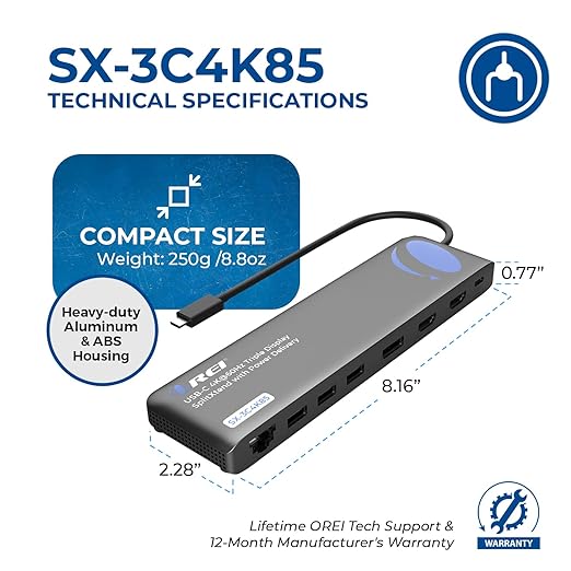 OREI USB C Docking Station Triple Monitor, SplitXtend 12-in-1 Laptop Dock with 2 HDMI + DisplayPort, 4K@60Hz, 85W PD, Ethernet, USB, SD/TF – 3 Monitor Dock (MST, No Drivers, Windows)