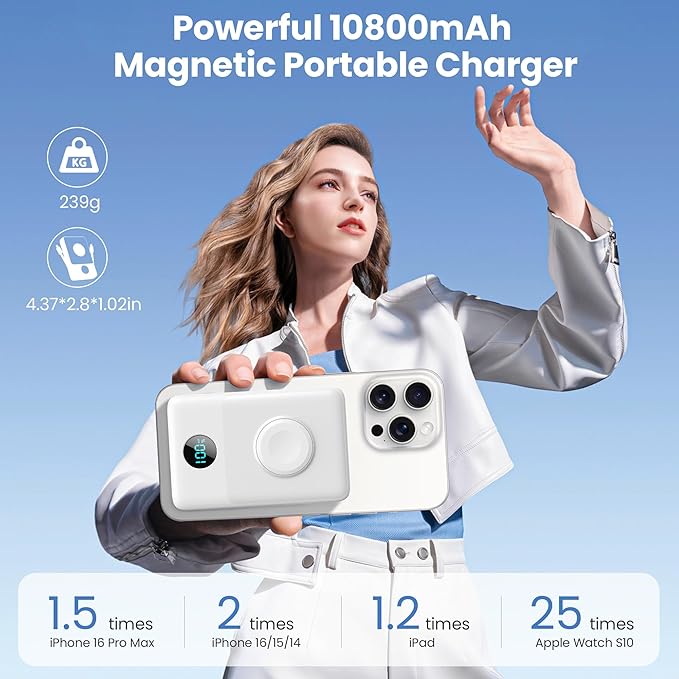 Magnetic Portable Charger for MagSafe with Built-in Cable, iWatch Charger, 10800mAh Wireless Power Bank Travel Essentials, 25W PD Fast Charging Battery Pack for iPhone 17/16/15/14/13,Apple Watch-White