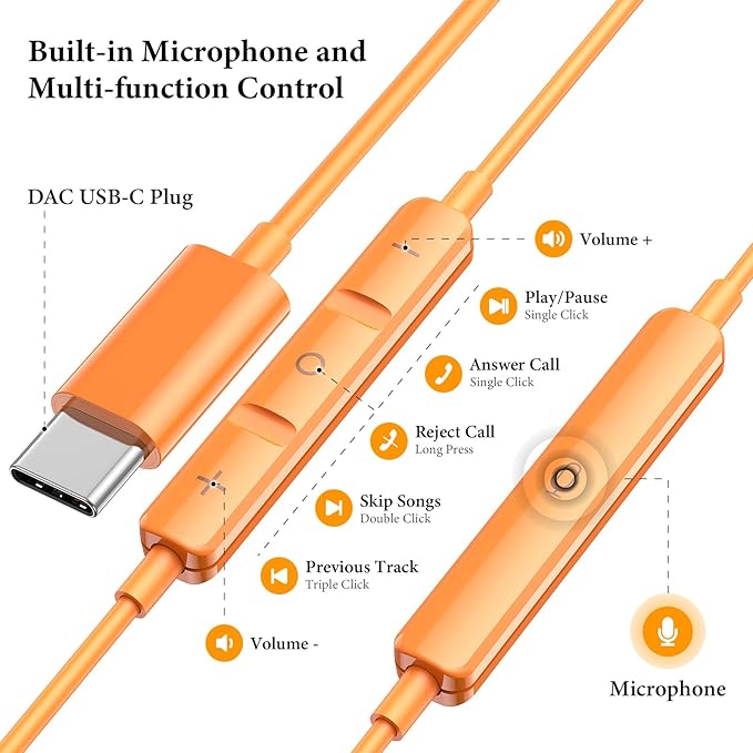 APETOO USB C Headphones for iPhone 17 Pro Max 16 15 Plus iPad USB-C Wired Earbuds with Microphone Volume Control HiFi Stereo Type C Earphones for Galaxy S26/S25/S24/S23/S22 Ultra, Pixel 10 9 8, Orange
