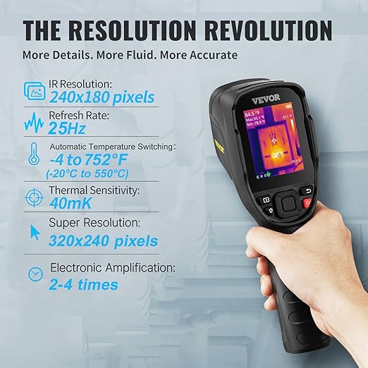 VEVOR Thermal Imaging Camera, 240x180 IR Resolution (43200 Pixels), 20Hz Refresh Rate Infrared Camera with -4℉~662℉ Temperature Range, 16G Built-in SD Card, and Rechargeable Li-ion Battery