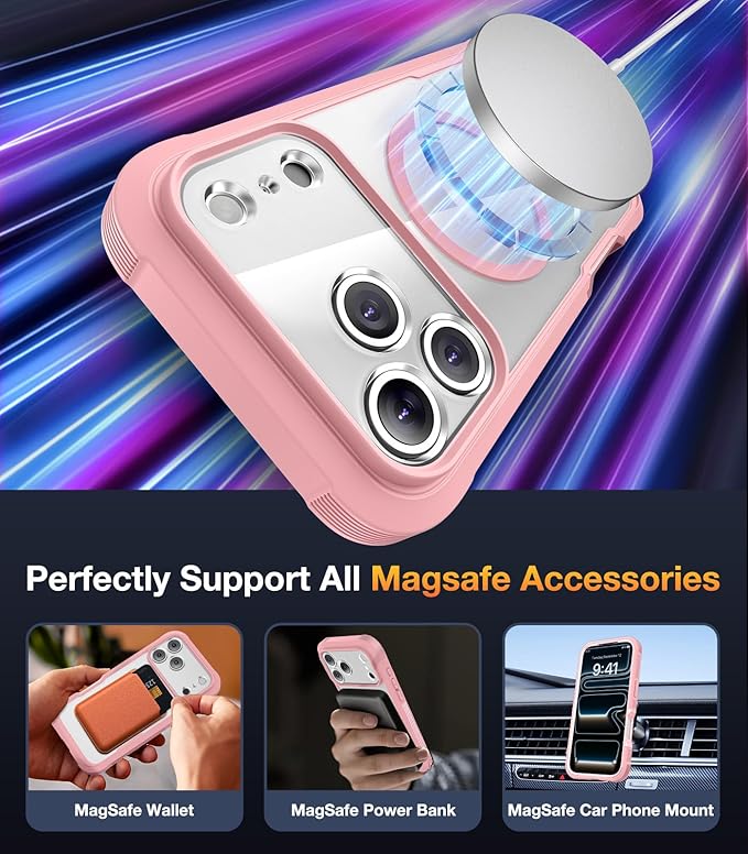 Diaclara Magnetic Designed for iPhone 17 Pro Max Case Full Body Bumper,[Compatible with MagSafe] Military Drop Proof Cover with Built-in Privacy Screen Protector,Pink
