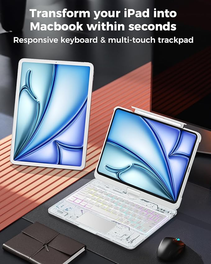 TSQQST Clear Keyboard Case for iPad Air 11 Inch (M4/M3/M2, 2026/2025/2024)/ iPad Air 5th/4th Generation 10.9" / iPad Pro 11" 1st/2nd/3rd/4th, Trackpad, Pencil Holder, 7-Color Backlit, Rotatable, White