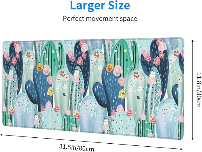 Cute Cactus Large Mouse Pad Desk Mat, Big Extended Funny Gifts XL Gaming Mousepad with Stitched Edges for Writing, Table, Long Extended Desk Pad for Women Girls Office Decor Watercolor 31.5*11.8 Inch