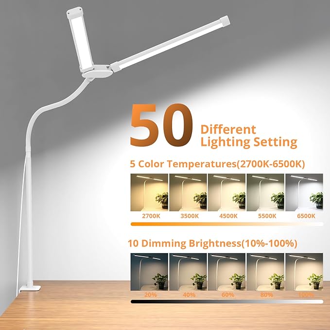 Woputne Desk Lamp with Clamp, with 5V 2A Adapter, LED Desk Lamp with Dual Head, 50 Light Modes, Computer Monitor Flexible Neck Lamp, Eye Protection Desk Lamps for Study, Office, Crafts, Draw(White)
