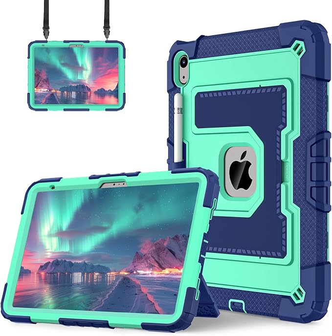 Kids Friendly Case for iPad A16 11th Generation 11 Inch 2025 / iPad 10th Generation 10.9" 2022 Case with Pencil Holder & Shoulder Strap, Hybrid iPad 11 10 Cover Rugged Shockproof Kickstand,Blue+Mint