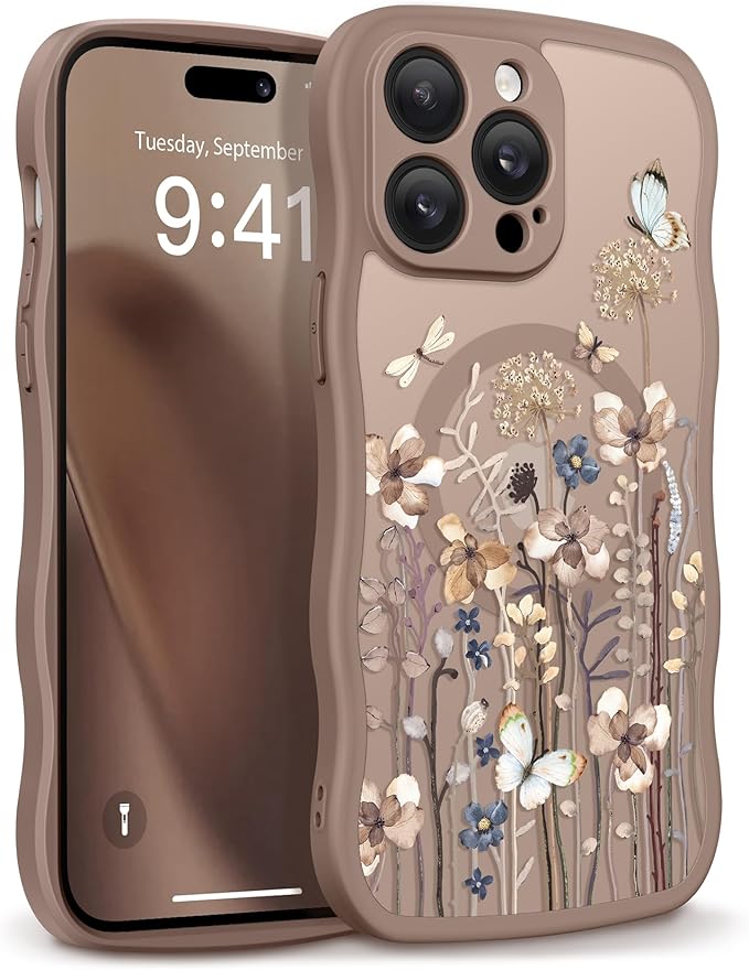 GVIEWIN for iPhone 14 Pro Case Compatible with MagSafe [Curly Wave Edge][Full Camera Protection] Floral Translucent Shockproof Magnetic Women Phone Case for 14 Pro, Autumnflit/Brown
