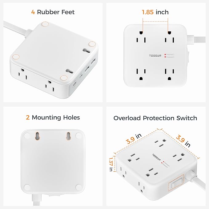 TESSAN Dual Surge Protector Power Strip, 5 Ft Extension Cord Flat Wall Plug with 4 USB (2 USB C) 8 Outlets, 2100J Surge Protection, 20W Multiple Charging Station for Home, Office, College, Dorm, Grey