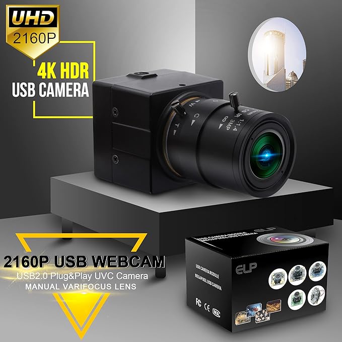 4K USB Camera 2.8-12mm 4X Varifocal Manual Lens 2160P Ultra HD USB Camera UVC Compliant Close-up Webcam Support OpenCV USB Computer Webcam for Conference Calling Live Streaming