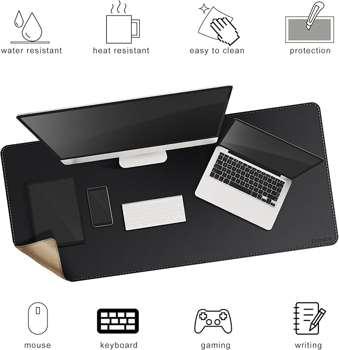 Chihein 47" x 20" 3XL Desk Mat with Cork & PU Leather, Dual Sided Desk Pad, Waterproof Computer Desk Mat for Gaming, Office, Home (Black)