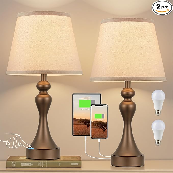 Seealle Touch Lamps for Nightstand - Bedside Lamps Set of 2, 3 Way Dimmable, USB C+A for Bedroom & End Tables (Brown&Oat)
