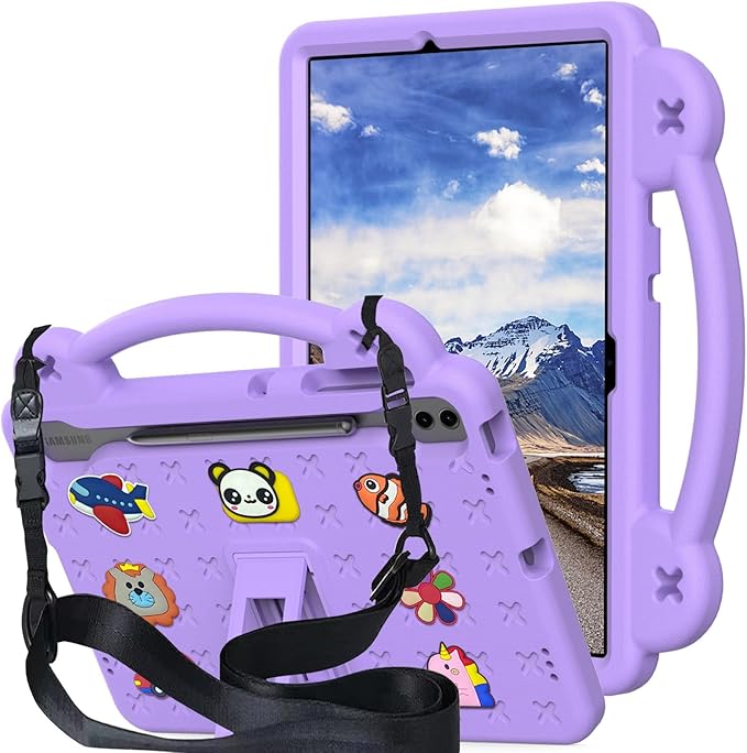 AKABEILA Compatible with Samsung Galaxy Tab S7 FE 12.4(2021)/Tab S7 Plus(2020)/Tab S8 Plus(2022) 12.4/Tab S9 Plus(2023) 12.4 Tablet Case, Shoulder Strap & Pen Tray for Girl Kid Gift Light Purple