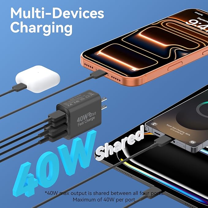 USB C Wall Charger Block, 2-Pack 40W 4-Port Fast Charging Block PD Power Adapter +QC 3.0 USB A Wall Plug Multiport Type C Box Cube for Phone 15/14/13/12/11 Pro Max, Galaxy, Pixel
