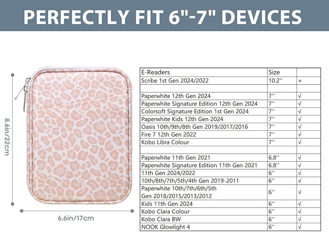 TiMOVO 6-7 Inch Tablet Sleeve for eReader Book Paperwhite/Colorsoft Signature Edition, Protective Sleeve Cover Case with Pocket for E-Reader/Oasis & Kobo Devicess, Pink Leopard