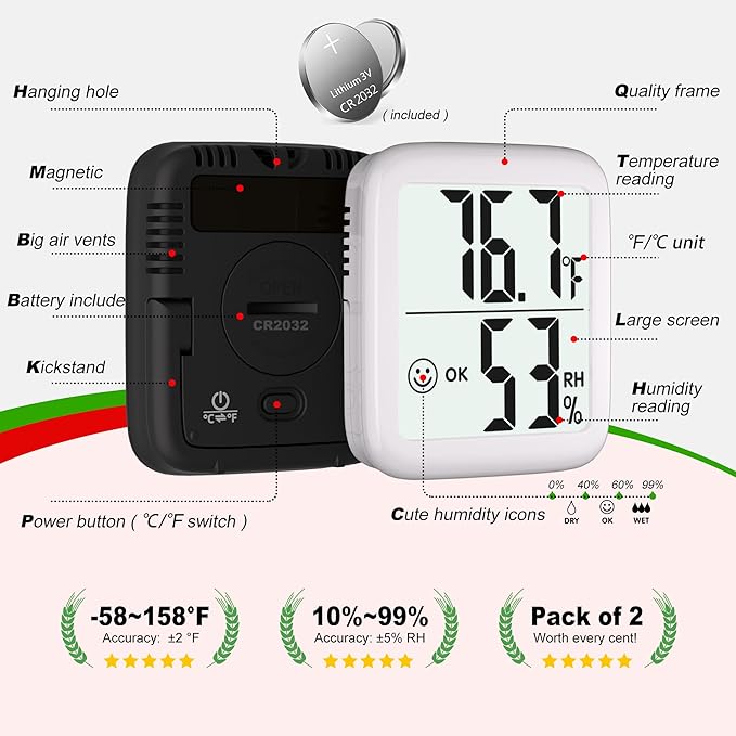 Antonki 2 Pack Room Thermometer for Home, Hygrometer Indoor Humidity Meter Gauge, Digital Temperature and Humidity Monitor Sensor for House, Terrarium, Incubator, Greenhouse - Battery Included
