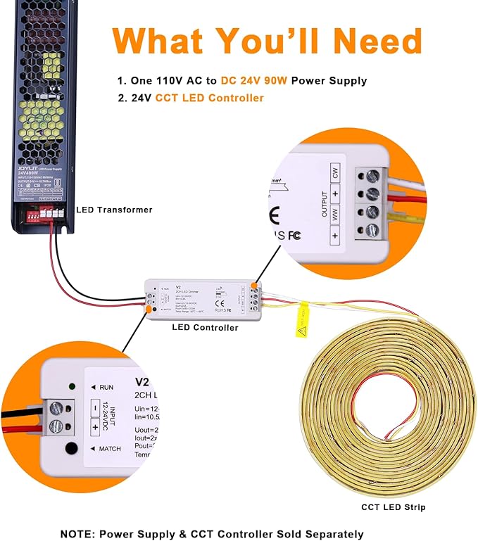 JOYLIT 24V COB LED Strip Lights White CCT 2700K-6000K 610LM/FT Ultra Bright, UL Listed 16.4ft 640LEDs/M High Density CRI 92+ 90W Dimmable Tunable White LED Tape Light for Commercial, Residential