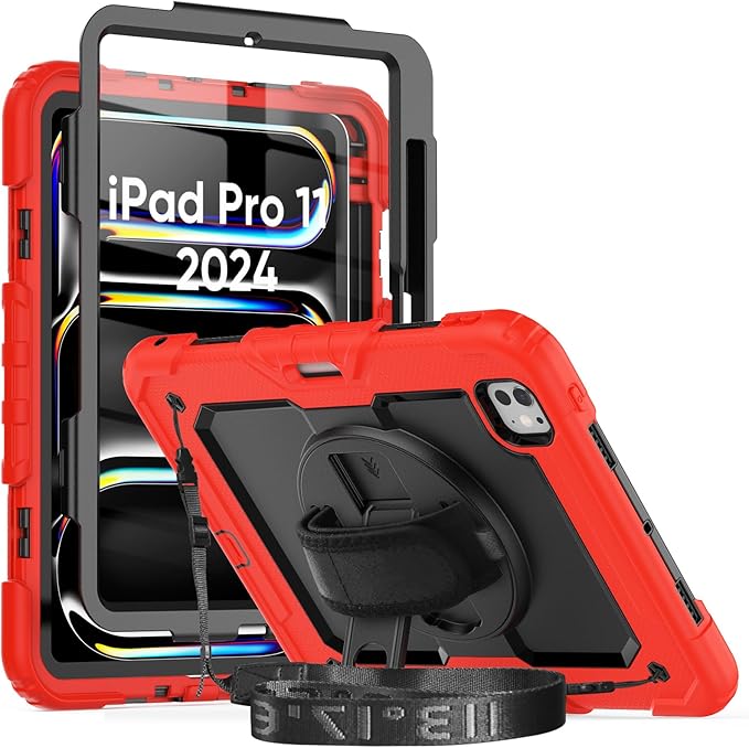 iPad Pro 11 Inch M4 Case 2024 for Kids with Screen Protector Pen Holder | Heavy Duty Shockproof Cover W/Stand Hand Strap Shoulder Strap for iPad Pro 11'' Model A2836/A2837/A3006 | Red