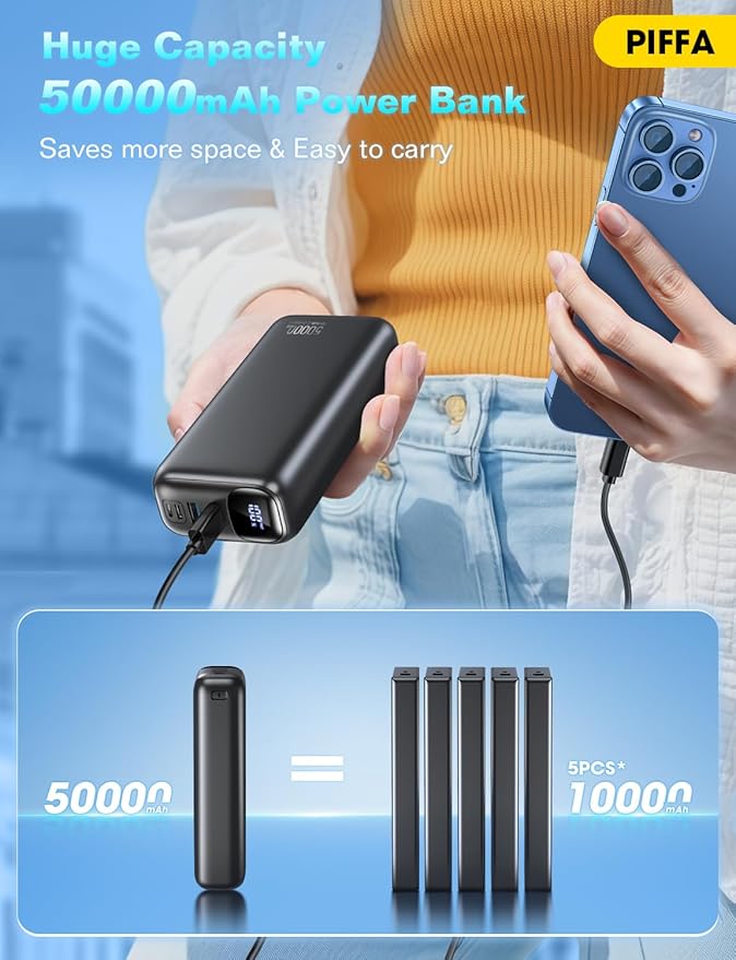 PIFFA Portable Charger Power Bank - 50000mAh Battery Pack, 22.5W Fast Charging Powerbank,Travel Essential for Portable Phone Charger, USB-C Phone Charger for iPhone 17/16/15/14/13 Samsung Google-Dark