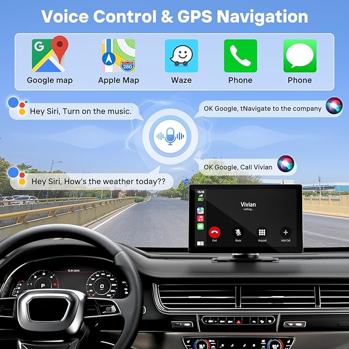 9" Wireless Apple Carplay Screen for Car with 4K Dash Cam, Portable Apple Carplay & Android Auto with 1080p Backup Camera DVR, Voice Control/GPS Navigation/Mirror Link/BT