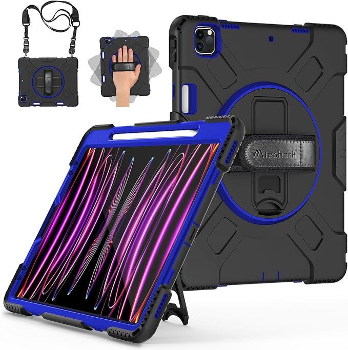 Miesherk Case for iPad Pro 12.9 Inch 6th/5th/4th Generation, Military Grade Heavy Duty Shockproof iPad Pro 12.9 Case - Rotating Stand, Pencil Holder, Hand/Shoulder Strap, Blue+Black
