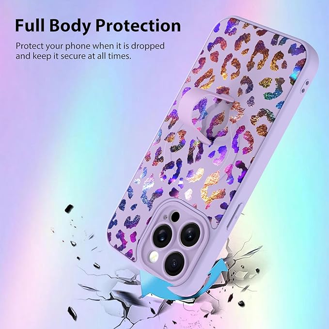 KANGHAR Compatible with iPhone 15 Pro Case, Support for MagSafe, Silicone Cute Iridescent Leopard Cheetah Pattern, Wristband Kickstand Shockproof Protective Slim Cover for Women Girls, Purple