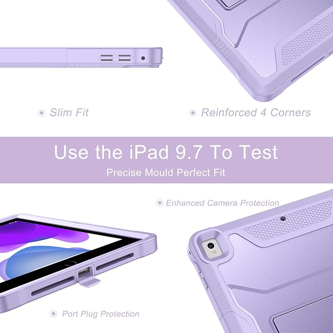 Soke Case for iPad 6th/5th Generation 9.7 Inch 2018/2017,with Built-in Screen Protector and Kickstand, Rugged Full-Body Heavy Duty Protective Cover for Apple iPad Air 2 /Pro 9.7 - Violet