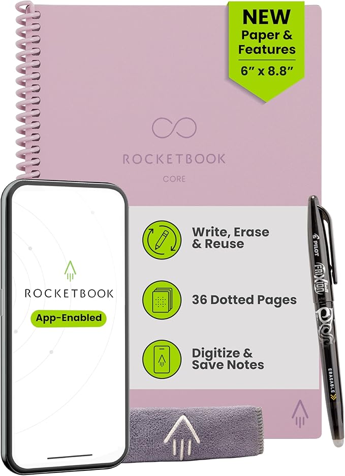 Rocketbook Core Reusable Smart Notebook, Dot Grid Pages For School, Work and Creative Projects, Executive Size 6x8.8, Pink - Premium