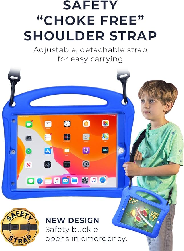 Bam Bino Space Suit iPad 9th Generation Case Kids, iPad 8th/7th/10.2 inch iPad Case for Kids | Lightweight Cover with Screen Protector, Handle, Stand, Shoulder Strap, Pencil Holder (Galactic Blue)