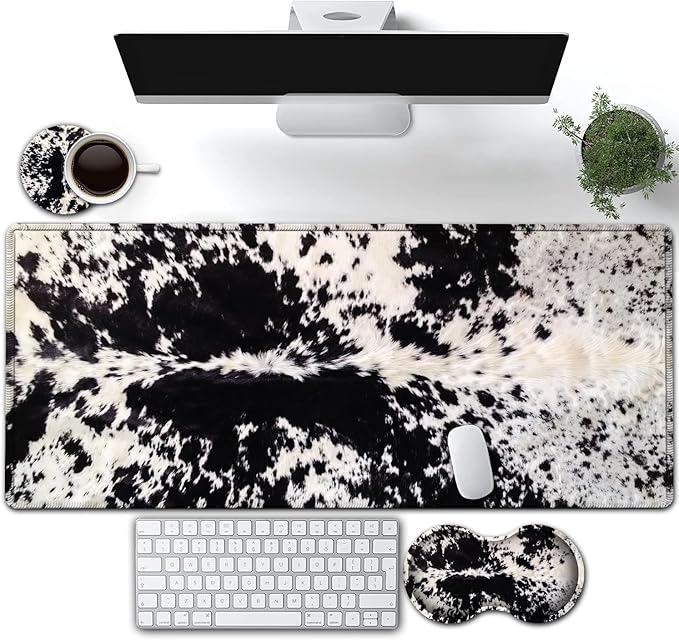 Large Gaming Mouse Pad, Extended Waterproof Desk Pad Protector (31.5" x 11.8") Ergonomics Memory Foam Mouse Wrist Rest Support, for Home Office Laptop, Black and White Cowhide Fur XXL Mouse Mat