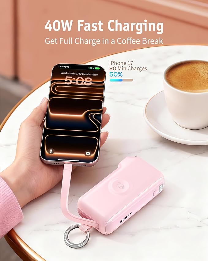 RORRY Flow Portable Charger, 10000mAh 40W Fast Charging Power Bank with Built-in USB C Cable and Foldable Wall Plug, Battery Pack Travel Essentials for iPhone 17/16/15, Apple Watch, iPad, MacBook