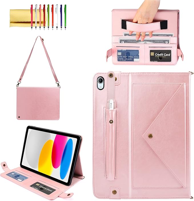 Handbag Case for iPad (A16) 11" 2025 & iPad 10th Gen 10.9", Techcircle Folio Stand PU Leather Crossbody Cover with Pencil Holder+Card Slots Wallet Case w/Shoulder Strap+Hand Strap, Rose Gold