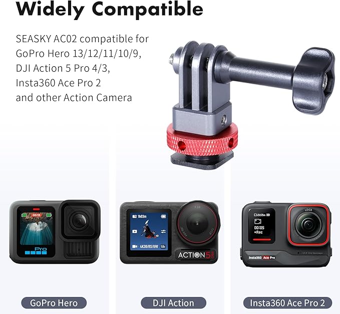SEASKY AC02 Action Camera SLR Camera Cold hot Shoe Mount Tripod Adapter Conversion Accessory All-Metal Aluminum Alloy for GoPro Hero 13/12/11/10/9, for DJI Action 6/5 Pro 4/3, for Insta360 Ace Pro 2