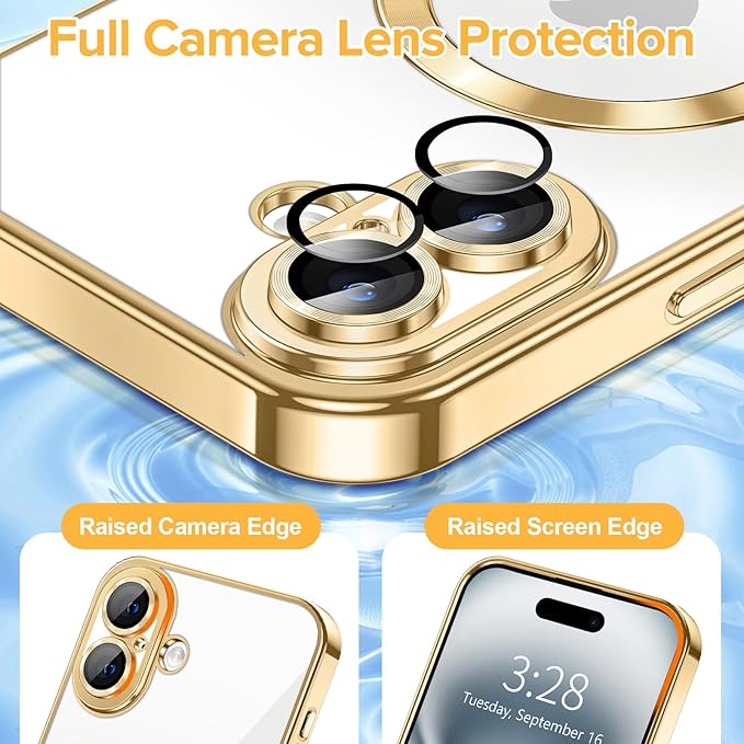 Hython Magnetic Clear for iPhone 16 Case with Camera Lens Protector [Compatible with MagSafe] Luxury Plating Edge Slim Soft TPU Cover Protective Phone Case for iPhone 16 6.1", Gold