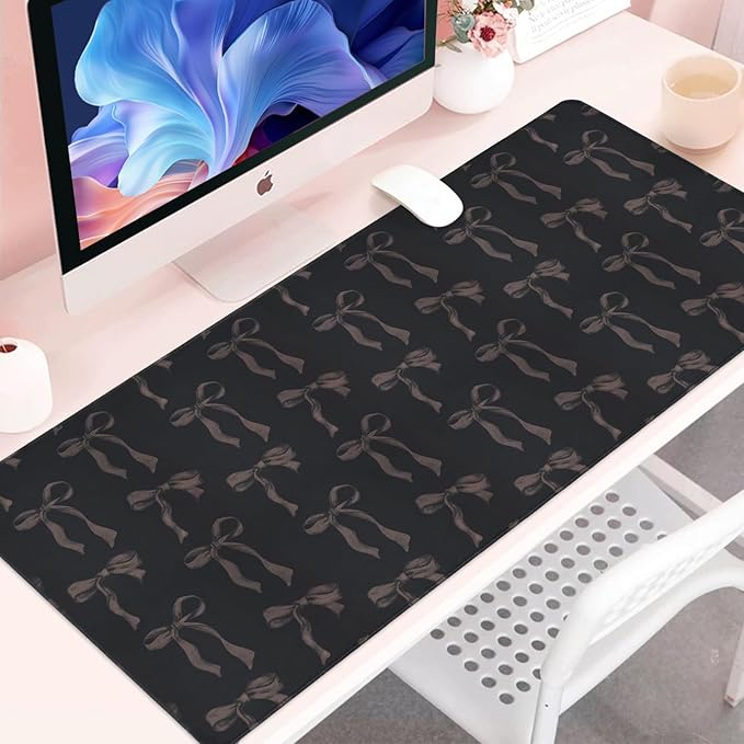 Black Desk Mat with Bows, Large Bow Mouse Pad Keyboard Mat for Computer Laptop Non-Slip Rubber Base Gaming Mousepad, Cute Black Desk Accessories Girly Office Desk Mat for Teen Girls Women 35.4 x 15.7