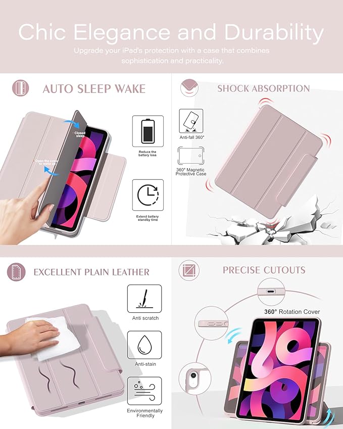 ZENLU iPad 10th 11th Generation Magnetic Case with Removable Folio Cover, Semi-Silicone Leather, Vertical Stand, Clear Back, Smart Sleep/Wake, Full Protective Case for iPad 10 & 11(A16) (Pink)