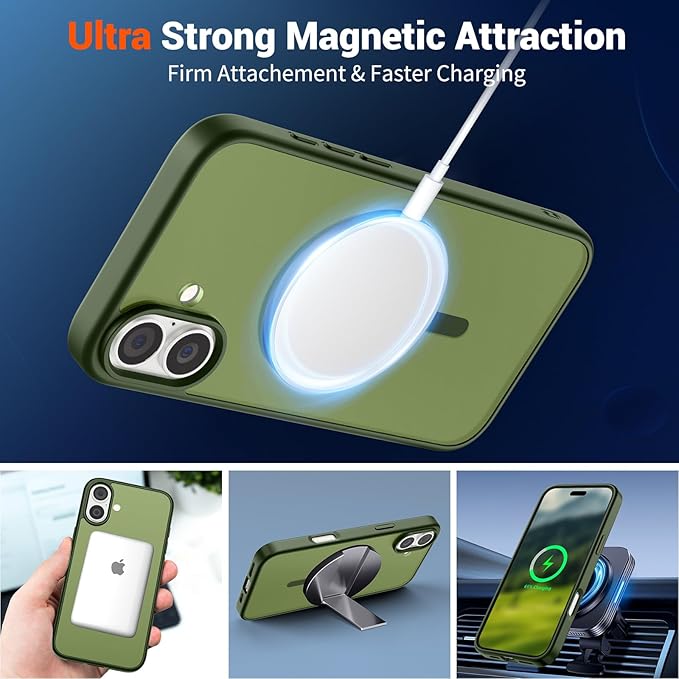 SUPFINE Magnetic for iPhone 16 Case (Compatible with MagSafe) (Military Grade Drop Protection) Slim Translucent Matte Shockproof with Anti-Fingerprint Phone Case,Cangling Green