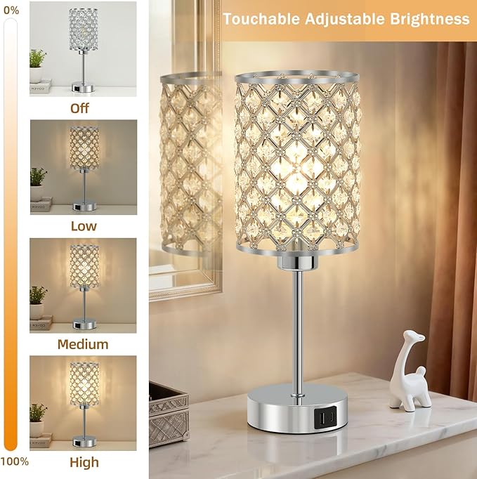 GyroVu Set of 2 Silver Crystal Touch Table Lamps for Bedroom, Dimmable Modern Bedside Lamps with USB-C & USB-A Ports, Nightstand Desk Lamps for Living Room & Home Office - Bulbs Included
