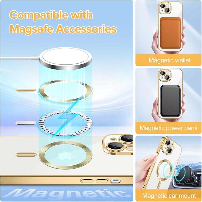 Hython Magnetic Clear for iPhone 14 Plus Case with Camera Lens Protector [Compatible with MagSafe] Luxury Plating Edge Slim Soft TPU Cover Protective Phone Case for iPhone 14 Plus 6.7", Gold