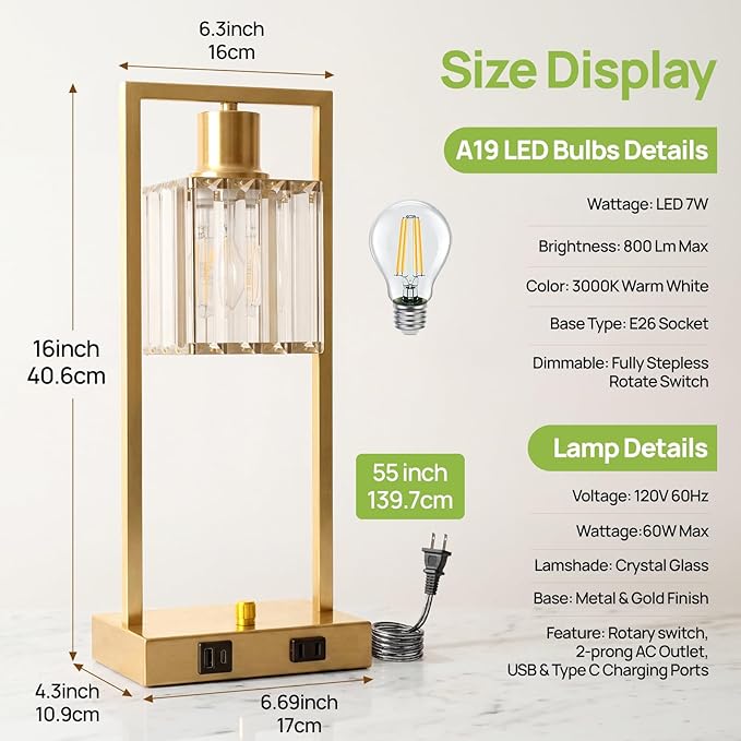 16" Desk Lamps for Home Office, Bedside Lamps with USB C+A Ports and Outlet, Gold Fully Stepless Dimmable Industrial Table Lamps with Crytal Glass Shade for Reading Living Room, LED Bulbs Included