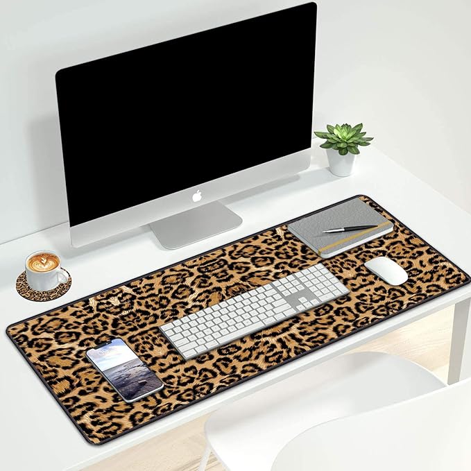 Desk Pad Mat Gaming Mouse Pads with Coasters Set, Stitched Edges Design Mouse Pad XXL Large Mouse Pad for Laptop Computers Leopard Print Desk Writing Mat for Office & Home 31.5"x 11.8"