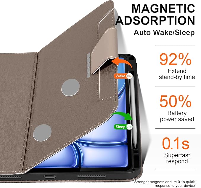 for iPad Air 13 inch Case 2024/2025 M3/M2 Model, Premium Smart Folio Cover with Auto Wake/Sleep, Apple Pencil 2 Holder, Multi-Angle Stand and Secure Buckle Closure (Gray Brown)