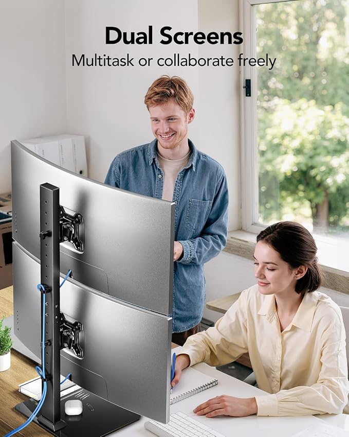 HUANUO Dual Monitor Stand for 13 to 34 Inch, Max Load 44 lbs, Vertical Monitor Mount, Freestanding Monitor Riser with Swivel, Tilt, Rotation, 13 Height Settings, Max VESA 100x100