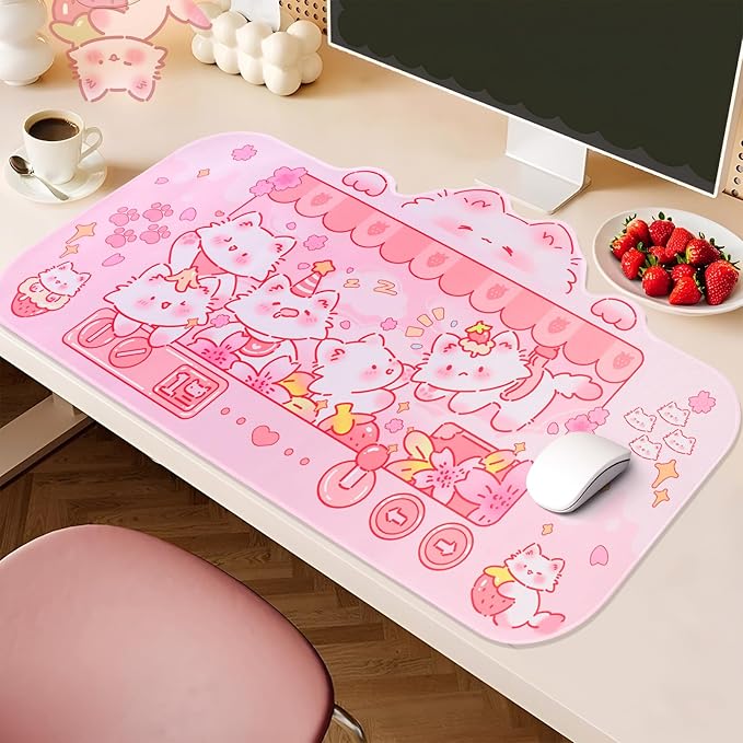 PERFECTSIGHT Cute Cat Desk Pad Kawaii Kitty Claw Machine Desk Mat, Pink Switch Large Gaming Mouse Pad, Funny Deskmat Mousepad, Anime Laptop Keyboard Pad Office Home Decor for Women Girls, Coral