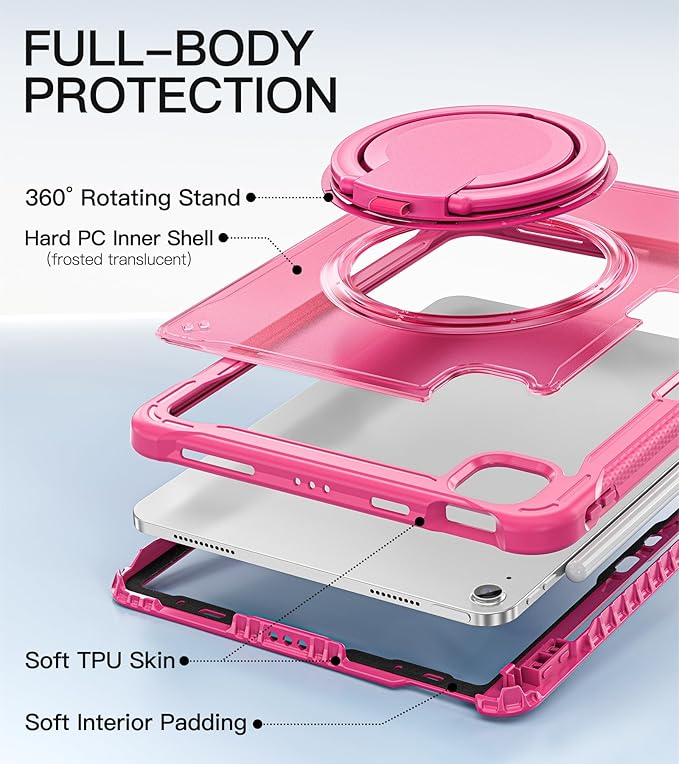 BATYUE Case for iPad Air 11-inch M4(2026)/M3(2025)/M2(2024), iPad Air 4/5 10.9" & Pro 11" 2018-2022 - Shockproof Case with 360° Rotating Stand & Handle, Pencil Holder, Shoulder Strap, Rose