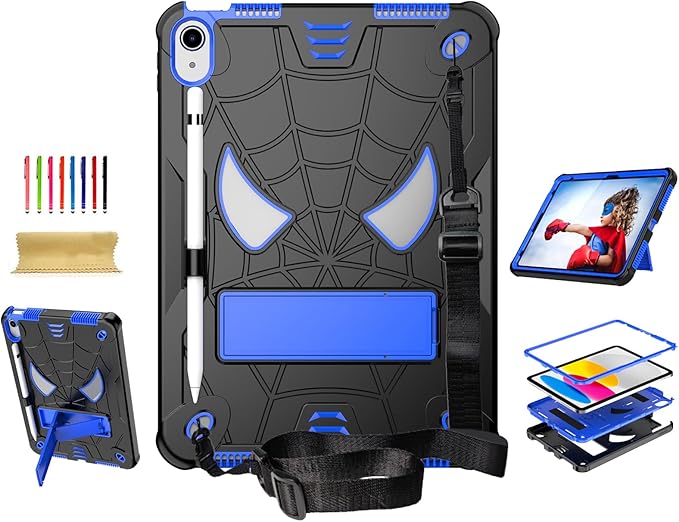 Dteck for iPad Air (3rd Generation) 2019/iPad Pro (2017 Release) Hard Case 10.5" with Kickstand, Shoulder Strap/Screen Protector Film/Stylus Included, Shockproof Cute Spider Kid's Cover, Black/Blue