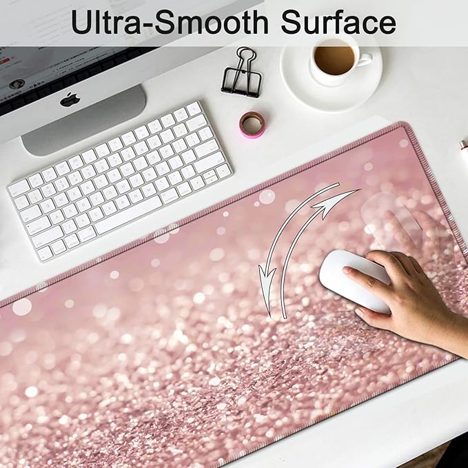 Large Gaming Mouse Pad, Extended Waterproof Desk Pad Protector (31.5" x 11.8") Ergonomics Memory Foam Mouse Wrist Rest Support, for Home Office Laptop Easy Typing, Pink Gilt XXL Pink Mouse Mat